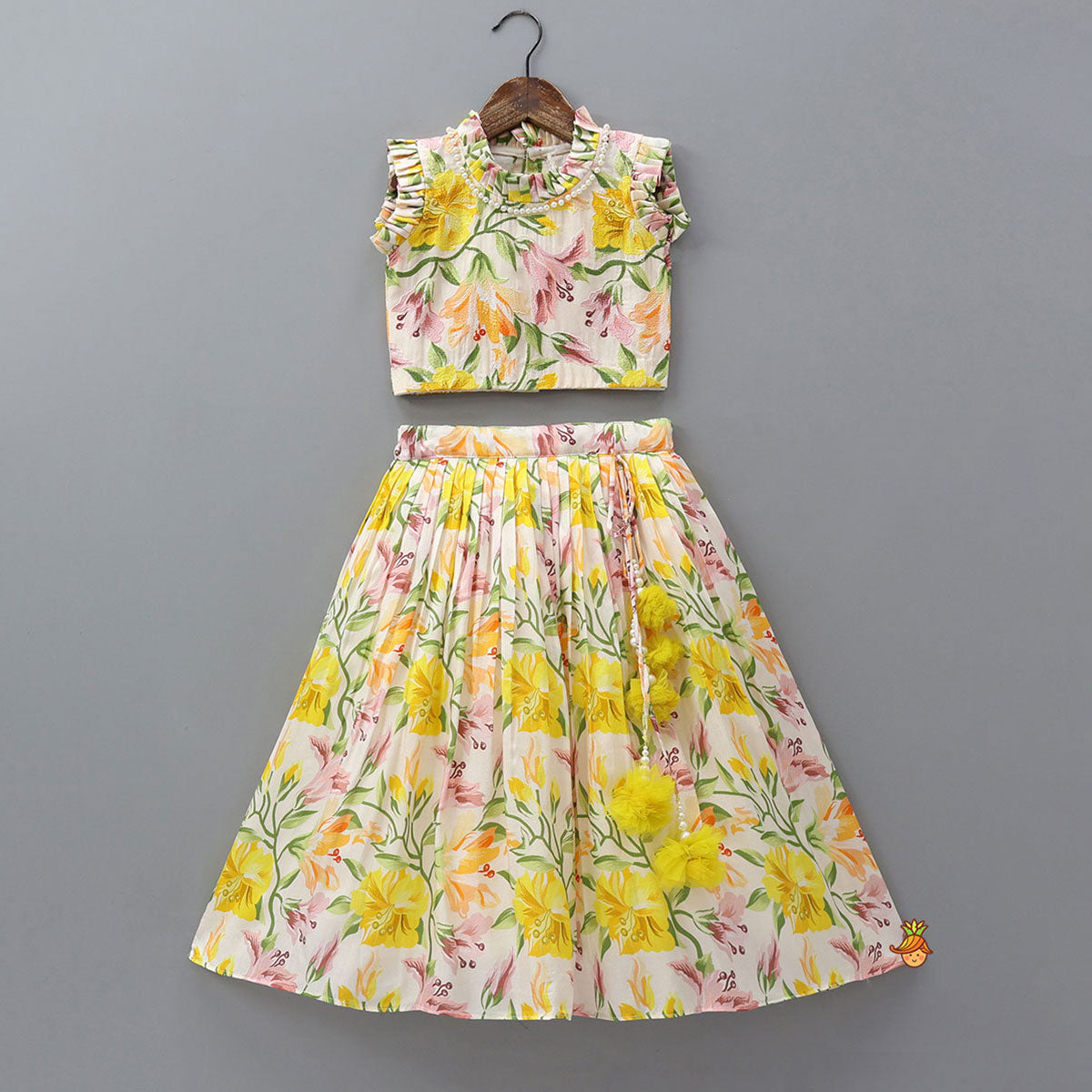 Pre Order: Chic Pleated Top With Printed Lehenga