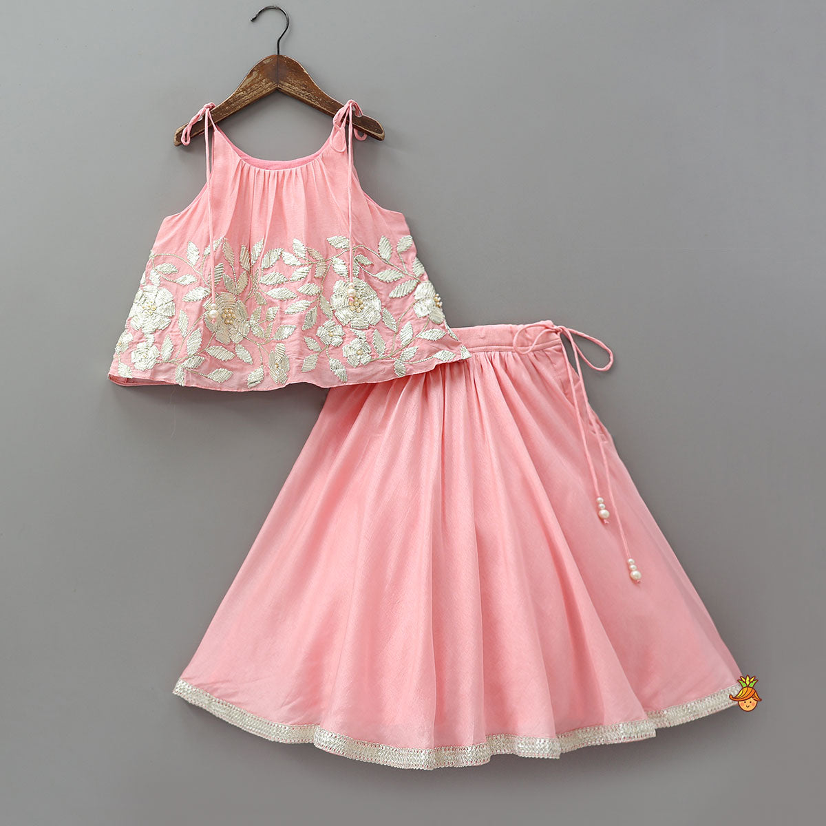 Pre Order: Gota Embroidered Strappy Top With Flared Lehenga And Matching Dupatta