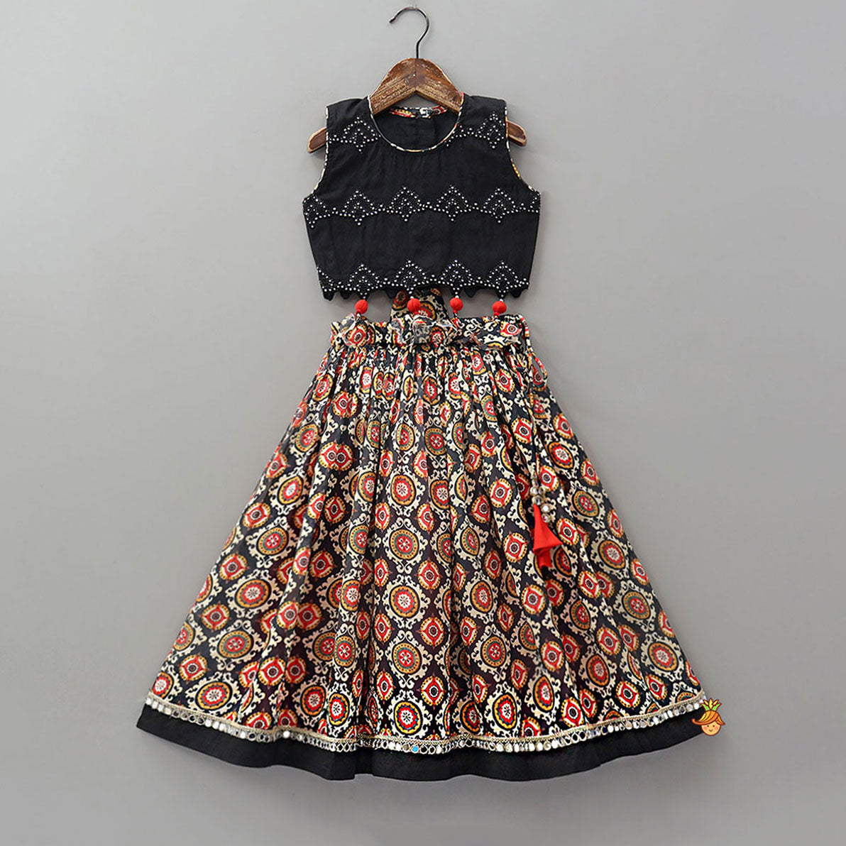 Faux Mirror Embroidered Crop Top And Printed Lehenga