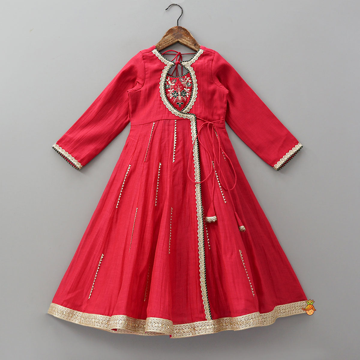 Pre Order: Round Neck Embroidered Yoke Ethnic Anarkali With Contrasting Dupatta And Potli Bag