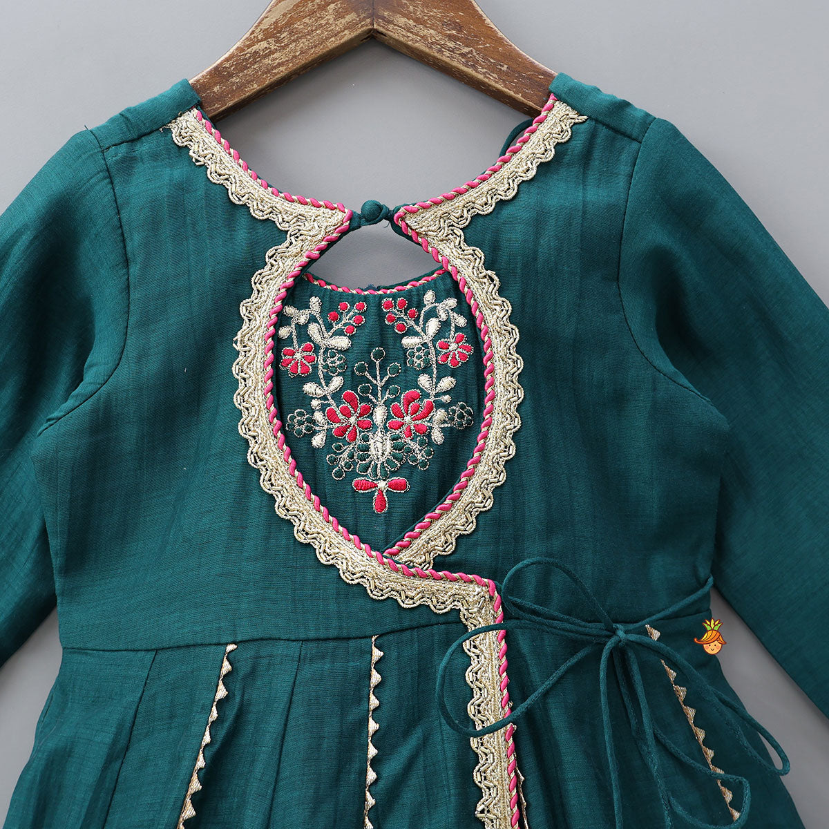 Pre Order: Round Neck Embroidered Yoke Anarkali With Contrasting Dupatta And Potli Bag