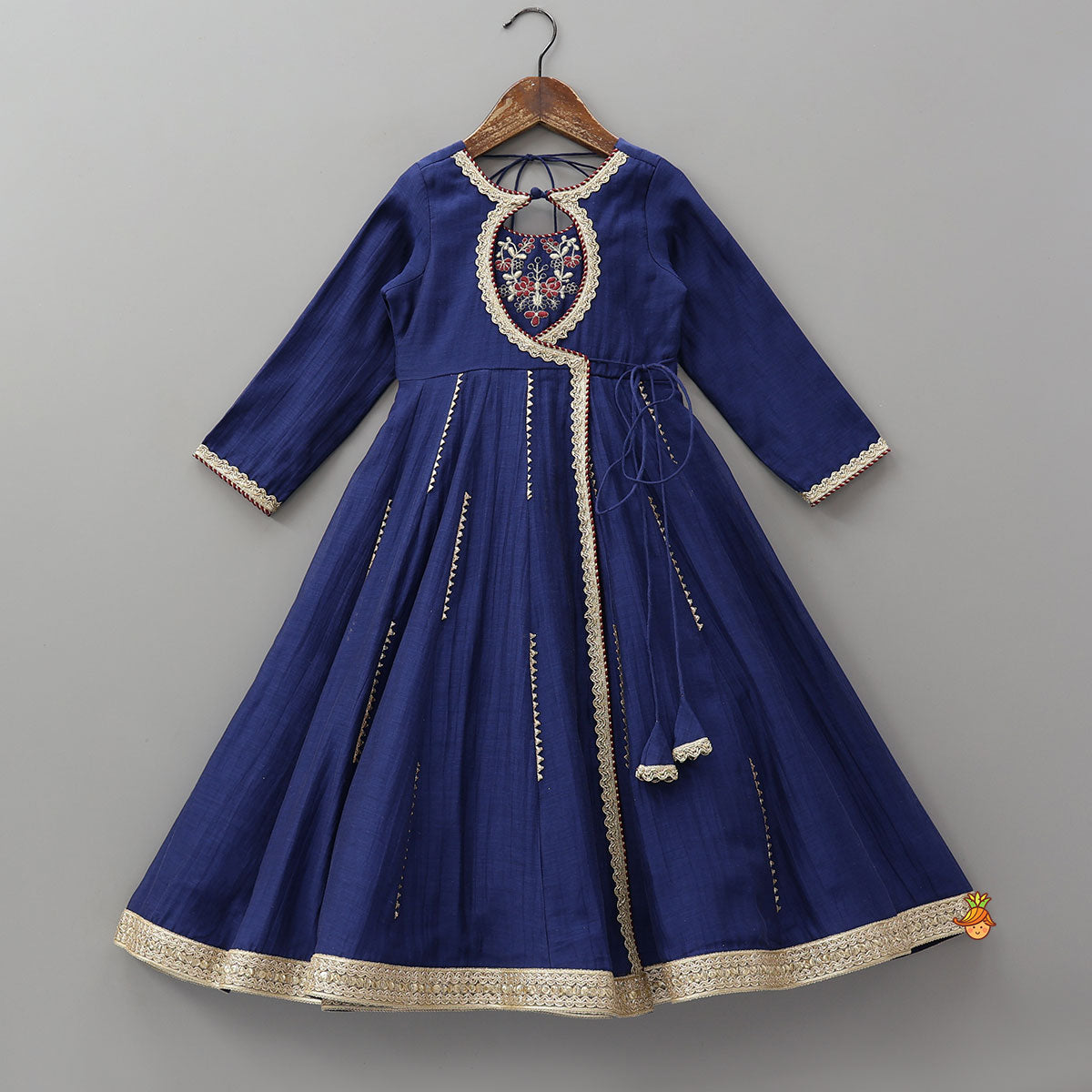 Pre Order: Floral Embroidered Flap Anarkali With Dupatta And Potli Bag