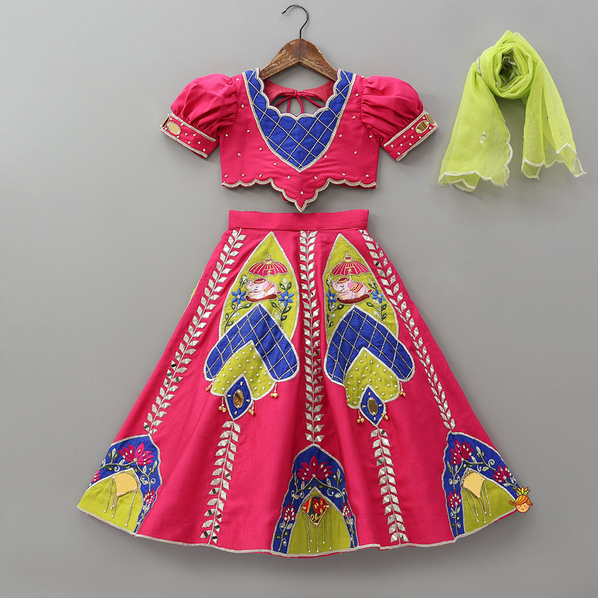 Pre Order: Scalloped Design Crop Top And Applique Work Lehenga With Dupatta