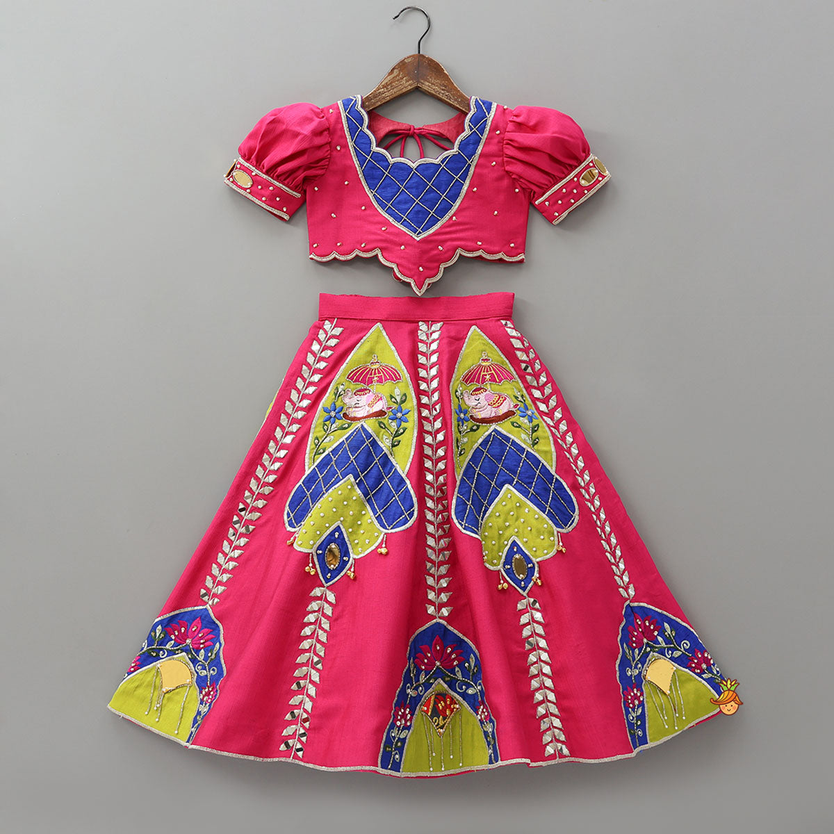 Pre Order: Scalloped Design Crop Top And Applique Work Lehenga With Dupatta