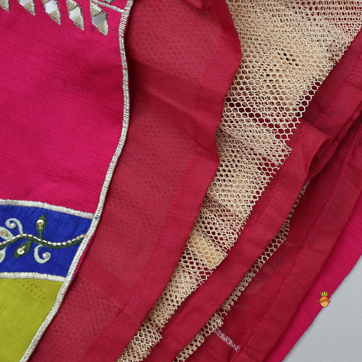 Pre Order: Scalloped Design Crop Top And Applique Work Lehenga With Dupatta