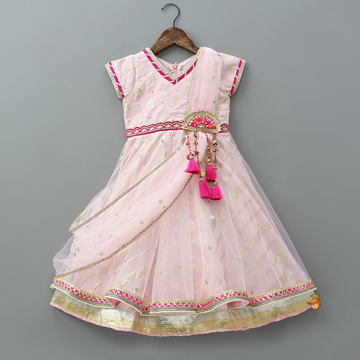 Pre Order: Traditional Tassel Adorned Anarkali With Attached Dupatta