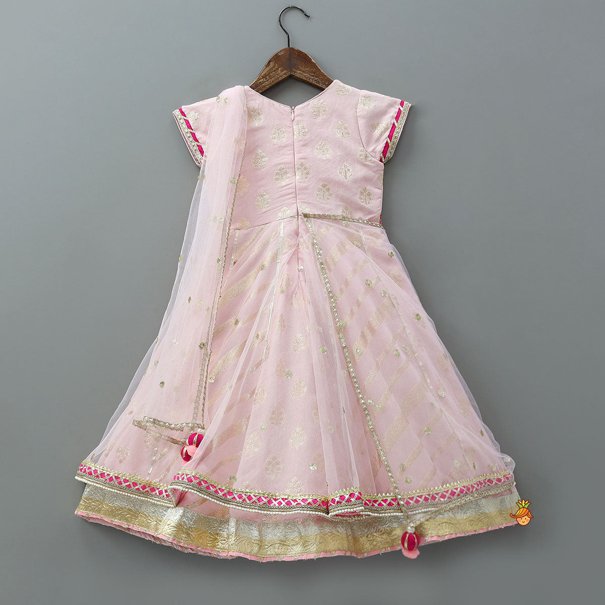 Pre Order: Traditional Tassel Adorned Anarkali With Attached Dupatta