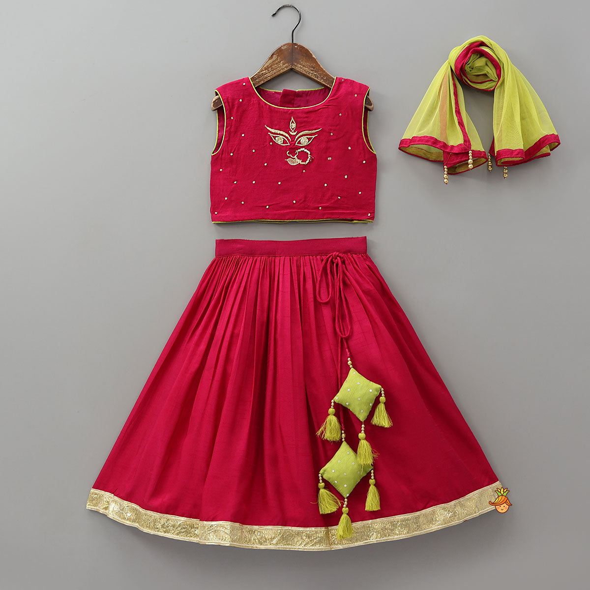 Pre Order: Goddess Durga Embroidered Top And Contrasting Tassel Detail Lehenga With Dupatta