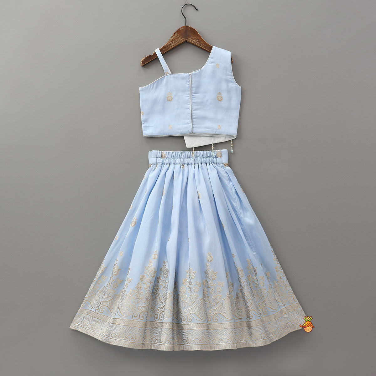 Pre Order: Mirror Embellished Flap Crop Top And Lehenga With Dupatta