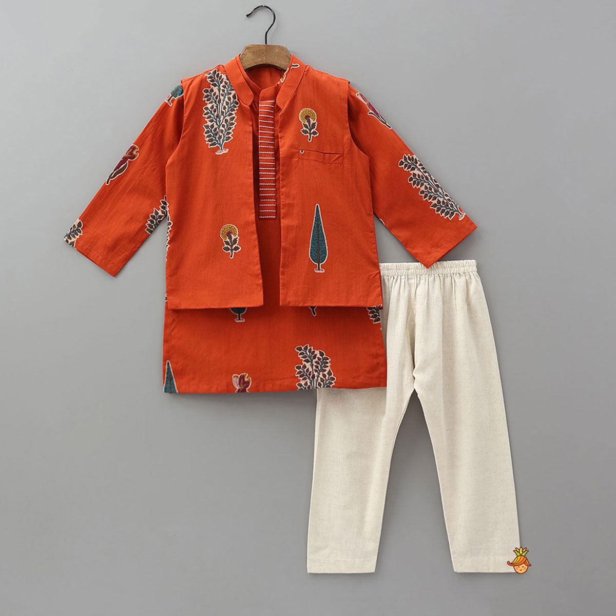 Pre Order: Thread Work Front Placket Cotton Kurta With Open Jacket And Pyjama