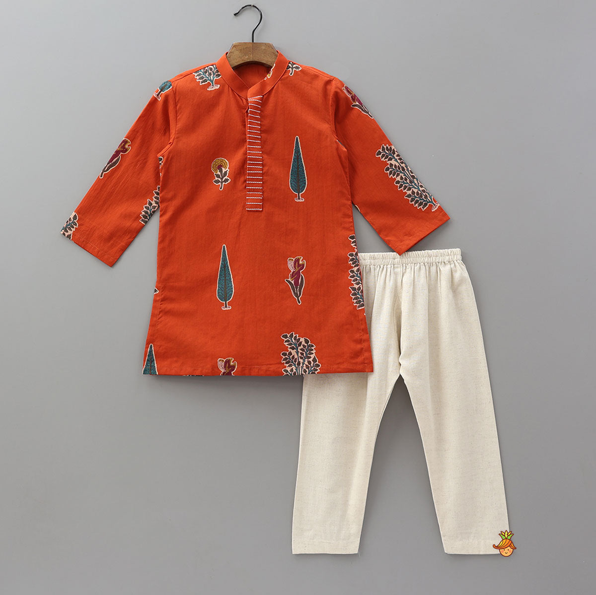 Pre Order: Thread Work Front Placket Cotton Kurta With Open Jacket And Pyjama