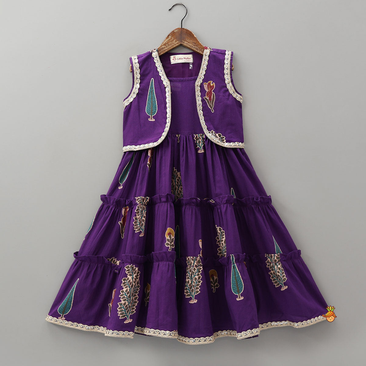 Pre Order: Strappy Printed Tiered Kurti With Lace Detail Jacket
