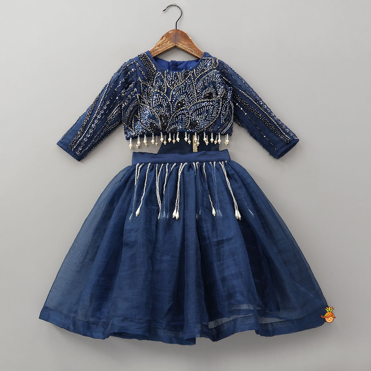Pre Order: Heavy Embroidered Drape Crop Top And Lehenga With Matching Hair Band