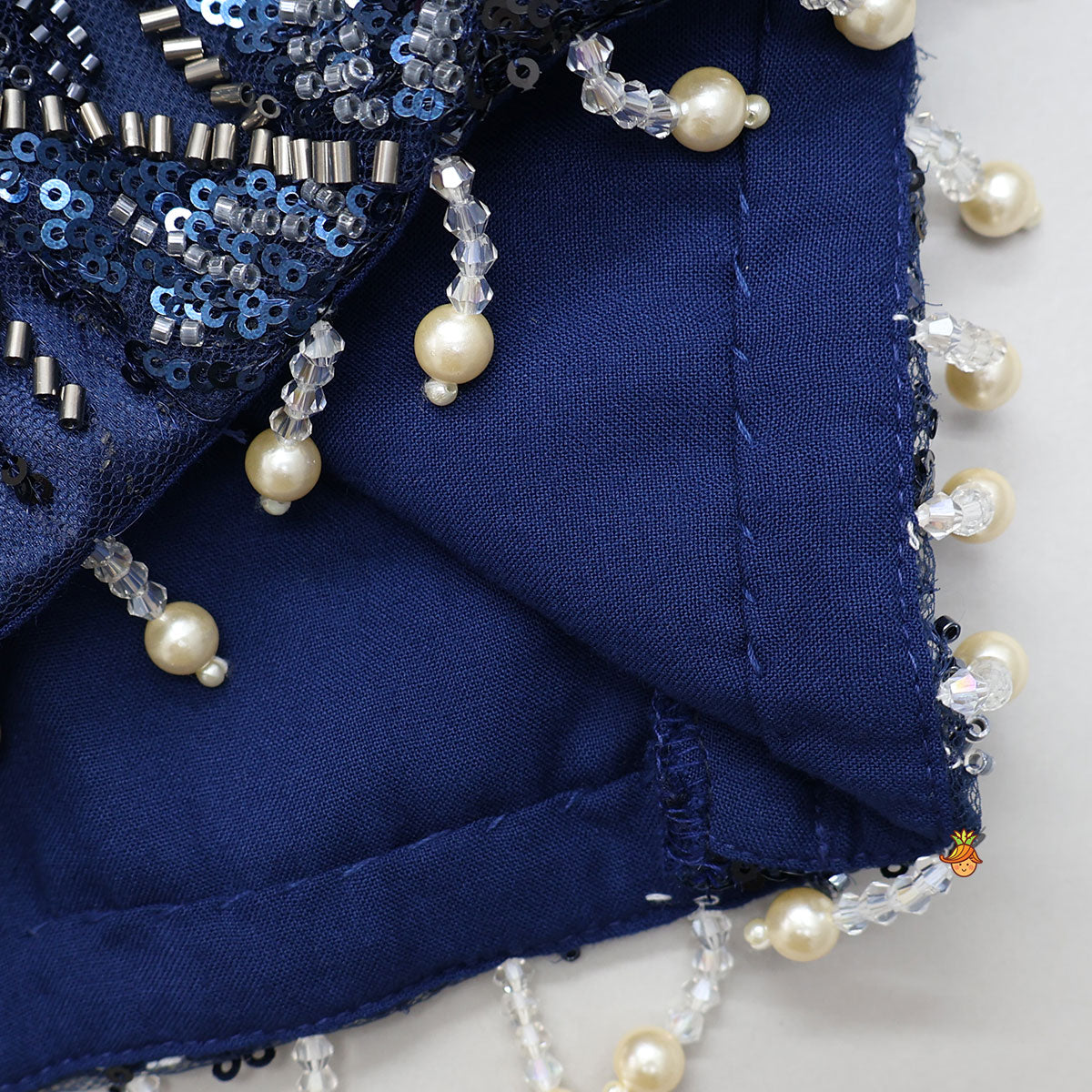 Pre Order: Heavy Embroidered Drape Crop Top And Lehenga With Matching Hair Band