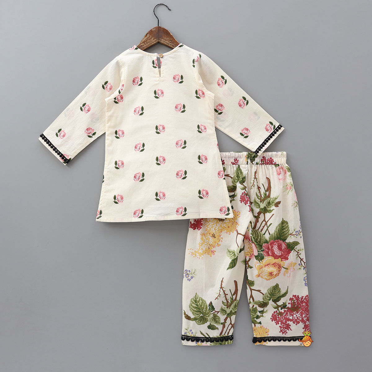 Pre Order: Hand Block Floral Printed Lace Work Kurti And Pant
