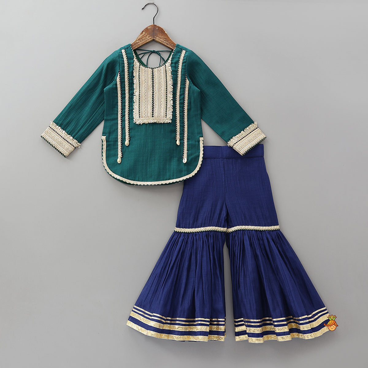 Pre Order: Lace Detailed Curved Hem Elegant Kurti And Sharara With Dupatta