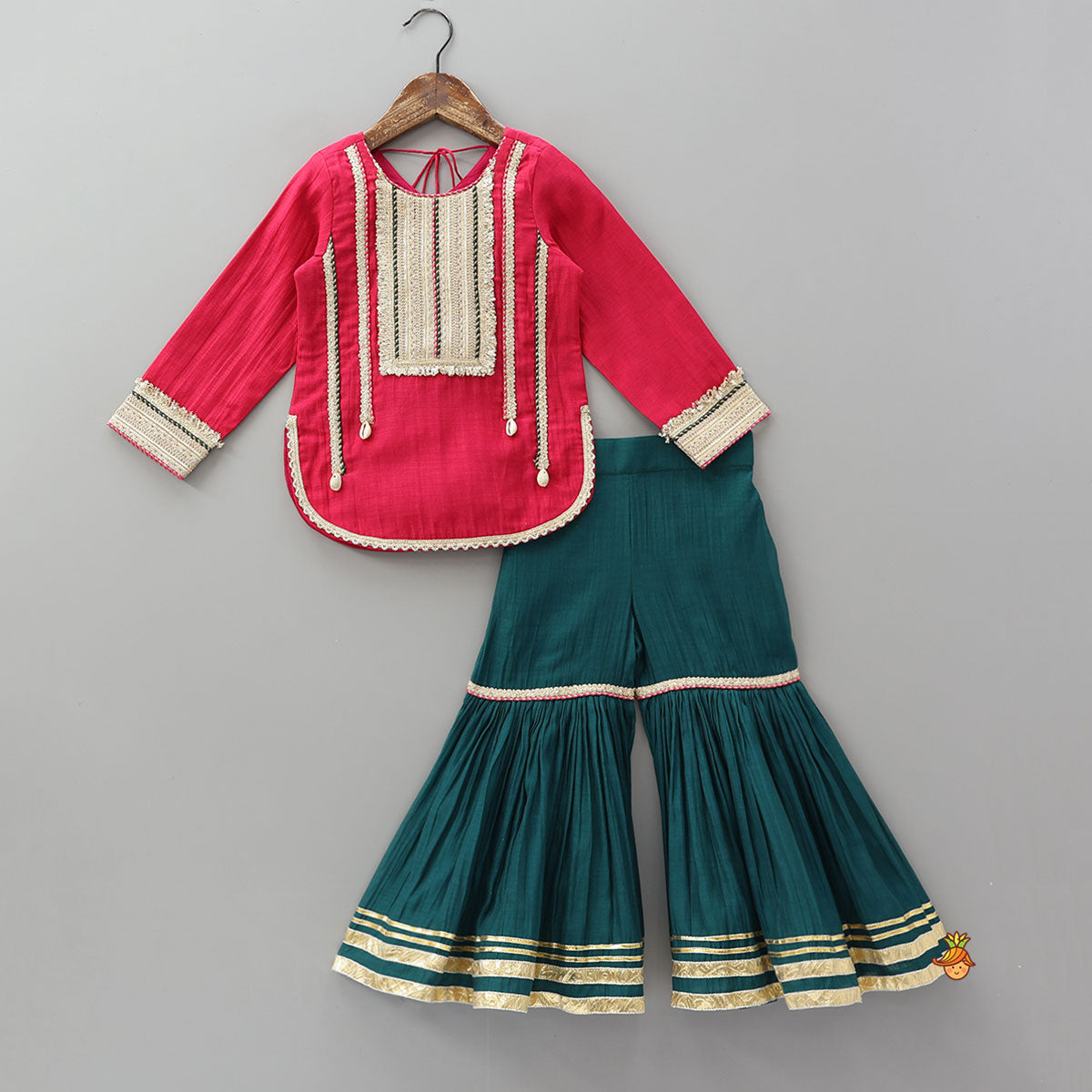 Pre Order: Lace Detailed Curved Hem Kurti And Sharara With Dupatta