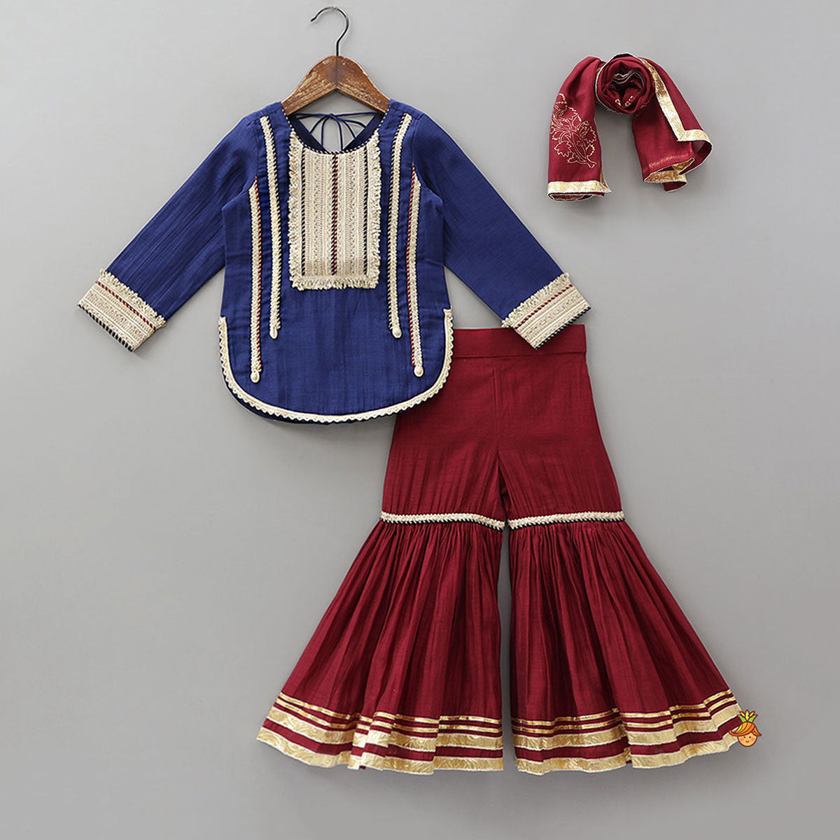 Pre Order: Lace Detailed Curved Hem Beautiful Kurti And Sharara With Dupatta