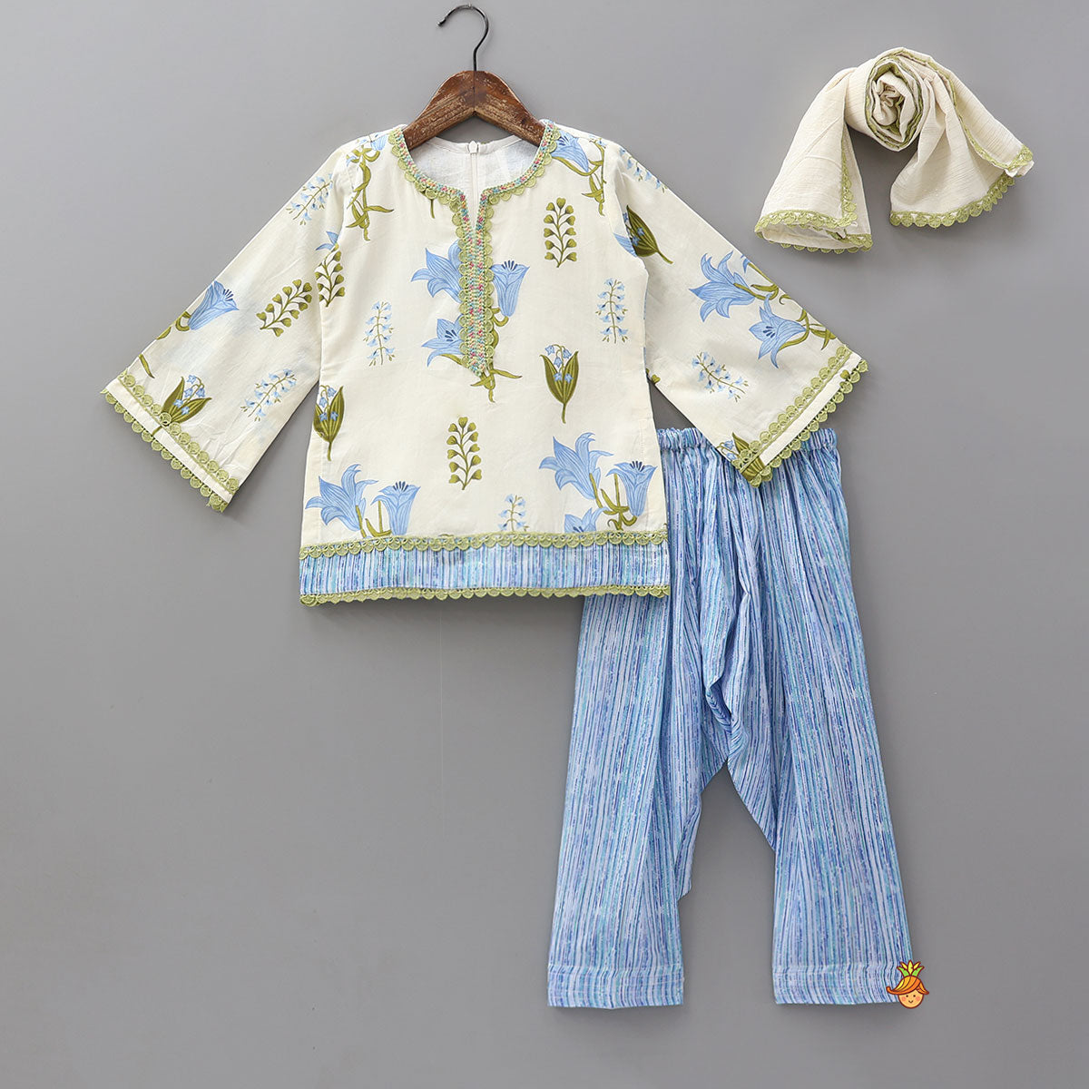 Pre Order: Floral Printed Bell Sleeve Kurti With Striped Farshi Salwar And Dupatta