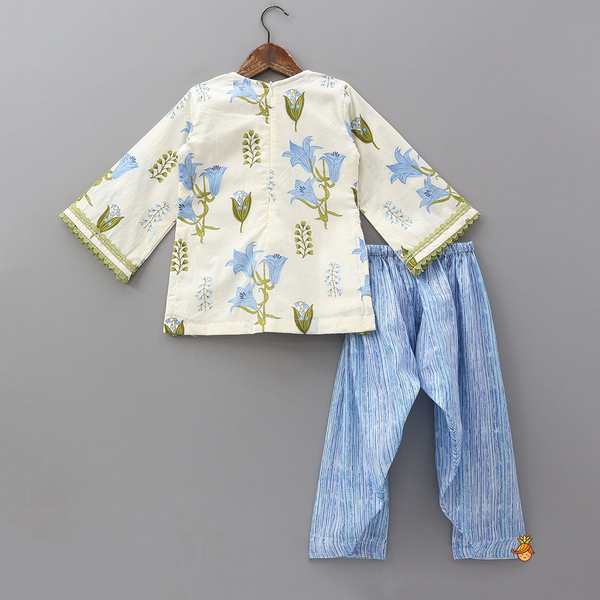 Pre Order: Floral Printed Bell Sleeve Kurti With Striped Farshi Salwar And Dupatta