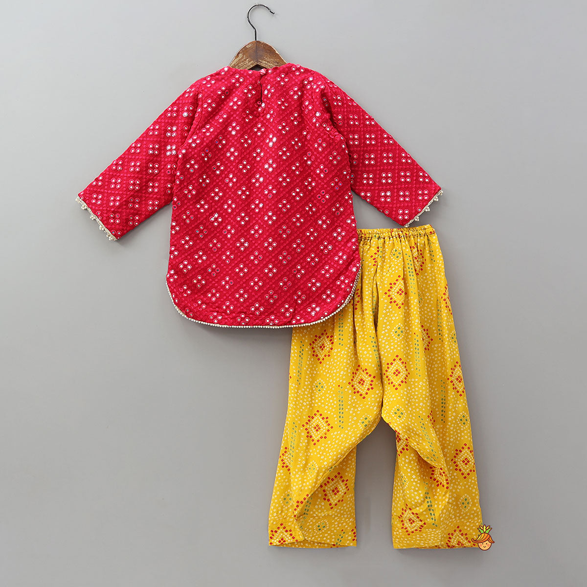 Pre Order: Festive Faux Mirror Embroidered Kurti And Farshi Salwar With Bandhani Printed Dupatta