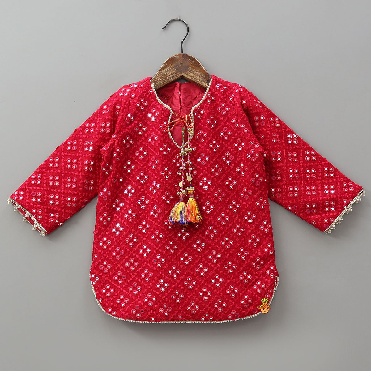 Pre Order: Festive Faux Mirror Embroidered Kurti And Farshi Salwar With Bandhani Printed Dupatta