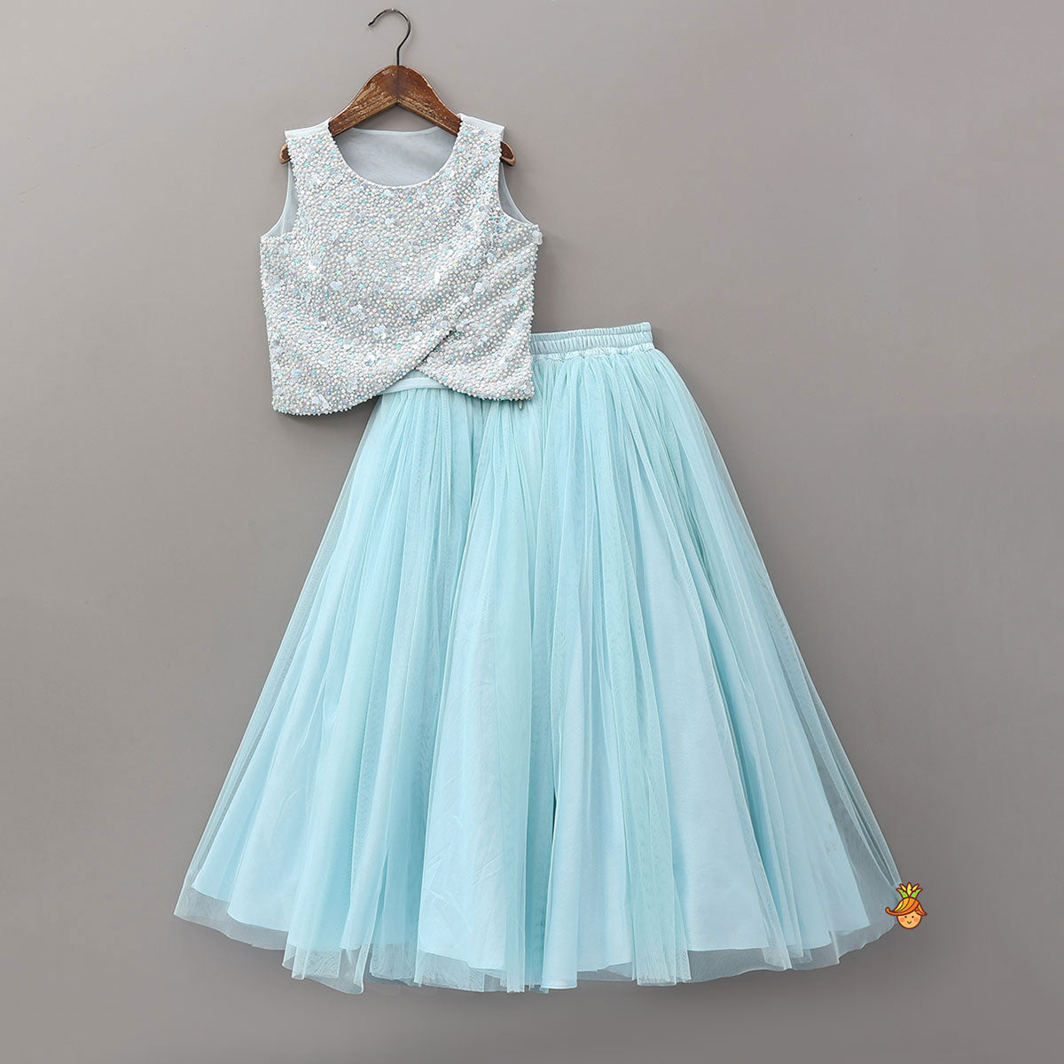 Pre Order: Heavy Sequin Embroidered Top And Net Lehenga