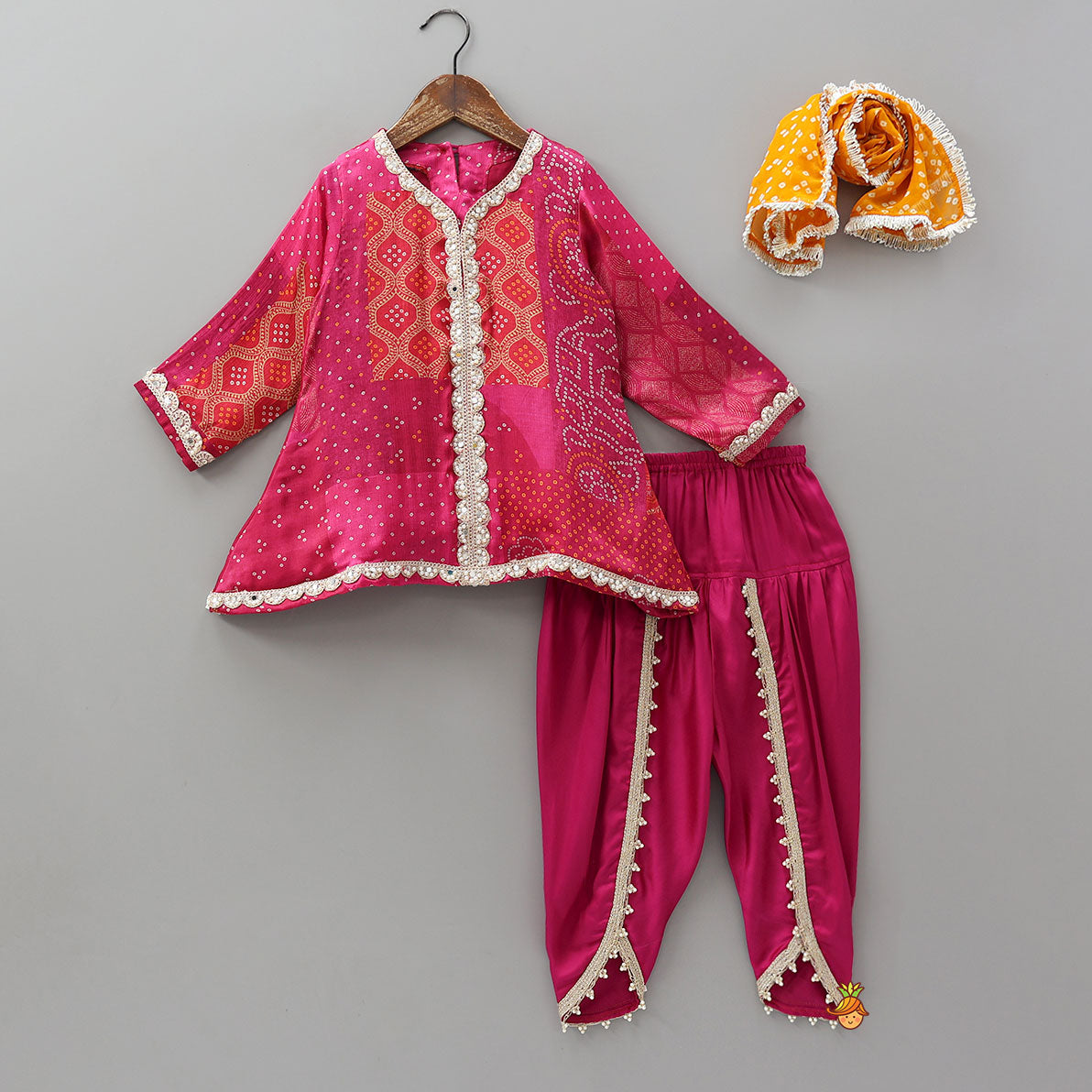 Pre Order: Festive Bandhani Printed Kurti And Dhoti Style Pant With Contrasting Dupatta