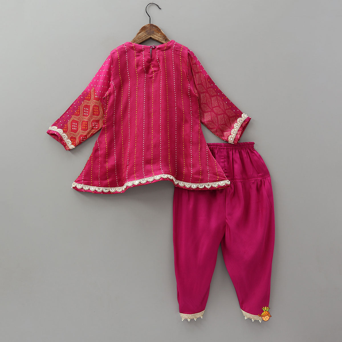 Pre Order: Festive Bandhani Printed Kurti And Dhoti Style Pant With Contrasting Dupatta