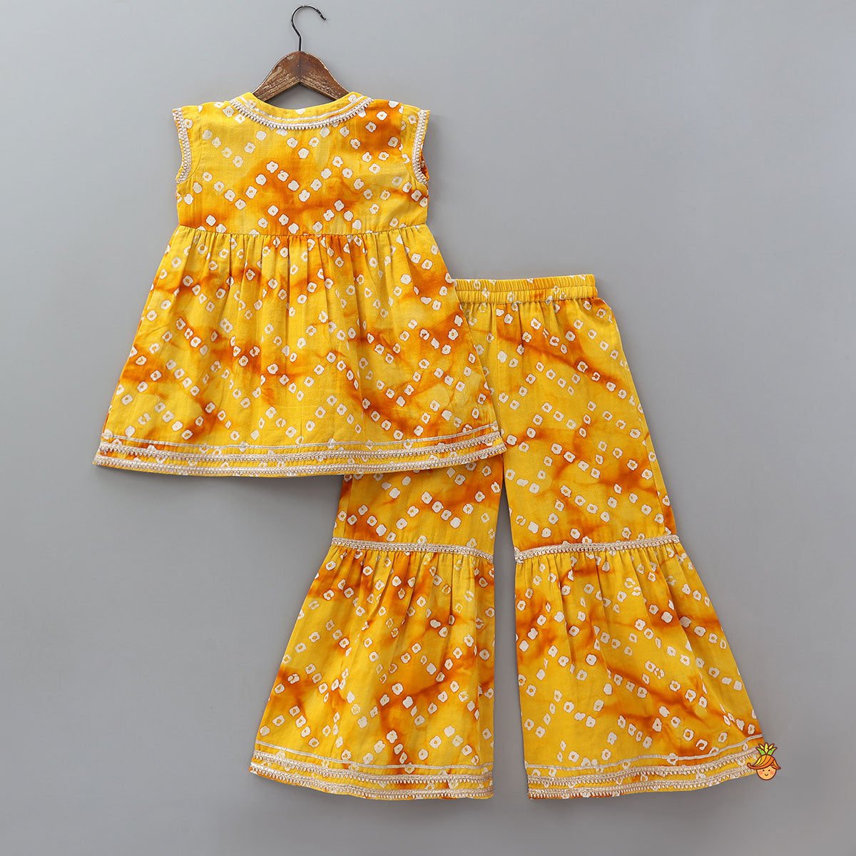 Pre Order: Front Tie Up Bandhani Printed Kurti And Sharara