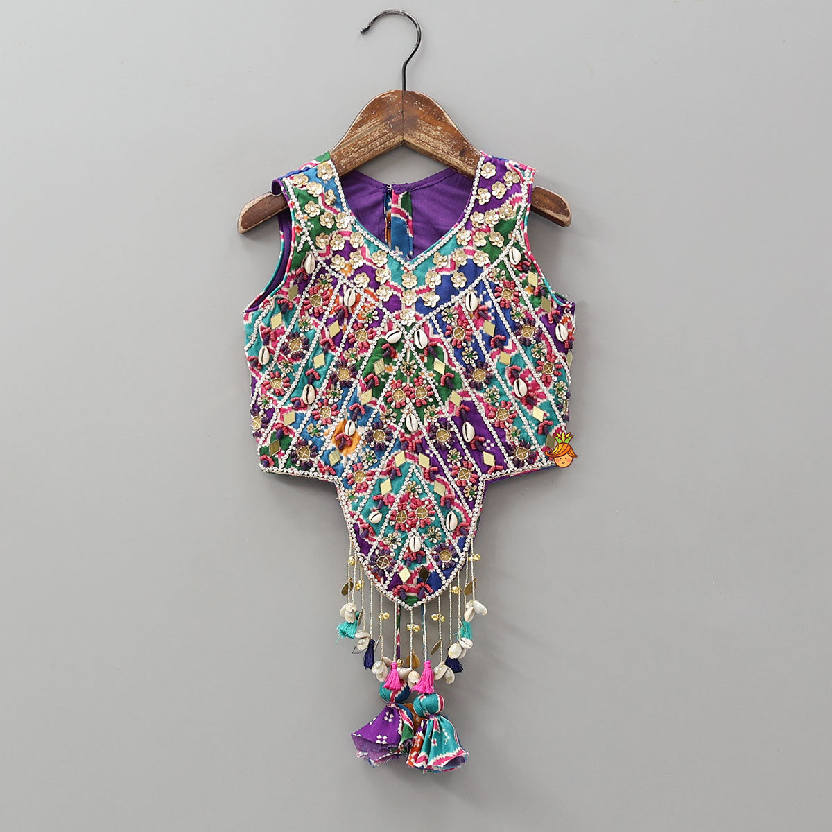 Pre Order: Heavily Embroidered Colourful Top And Lehenga With Potli Bag
