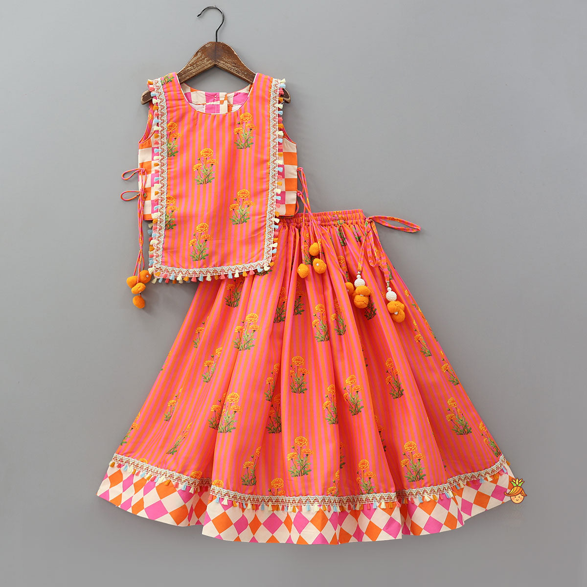 Pre Order: Checks Printed Flap Top And Lehenga With Dupatta