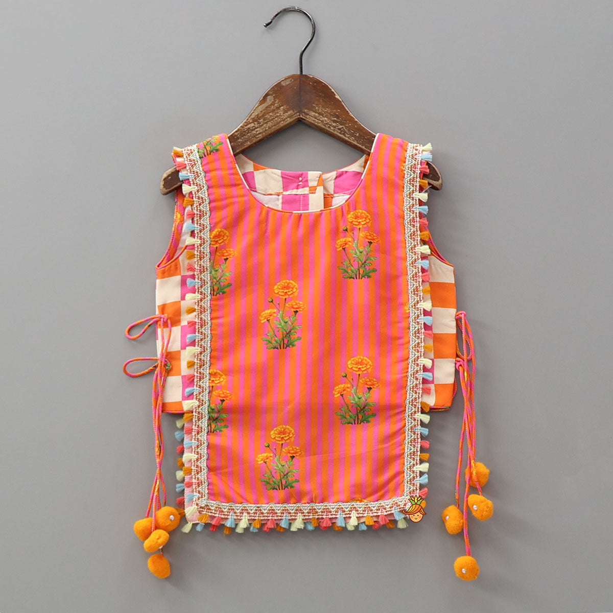 Pre Order: Checks Printed Flap Top And Lehenga With Dupatta