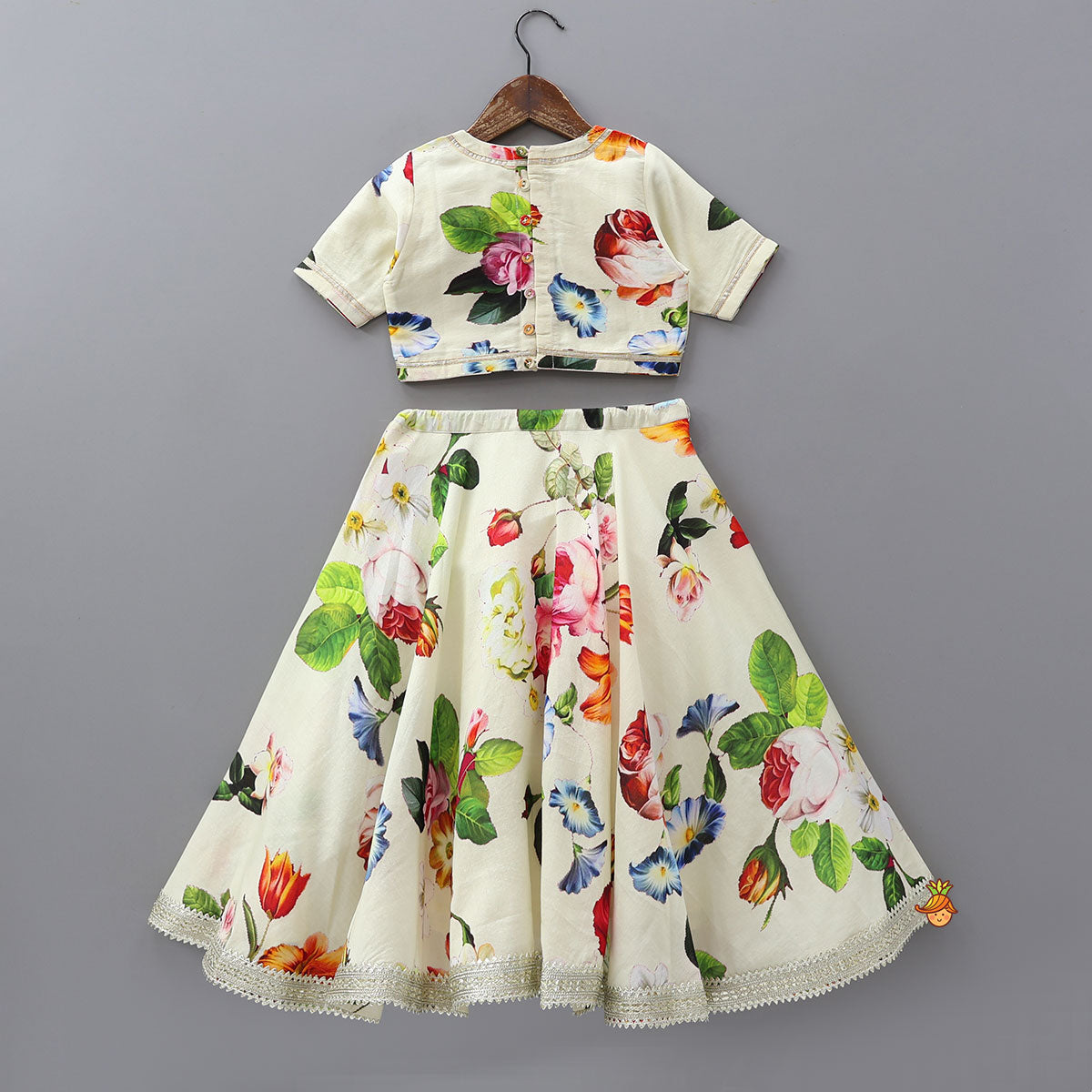 Pre Order: Classic Floral Printed Top And Lehenga With Net Dupatta