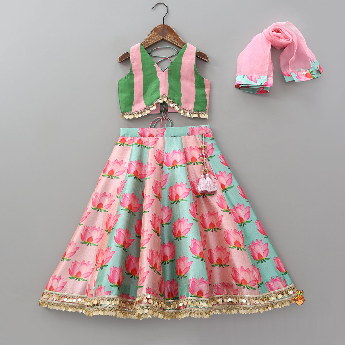 Pre Order: Criss Cross Knot Detail Crop Top And Floral Printed Lehenga With Dupatta