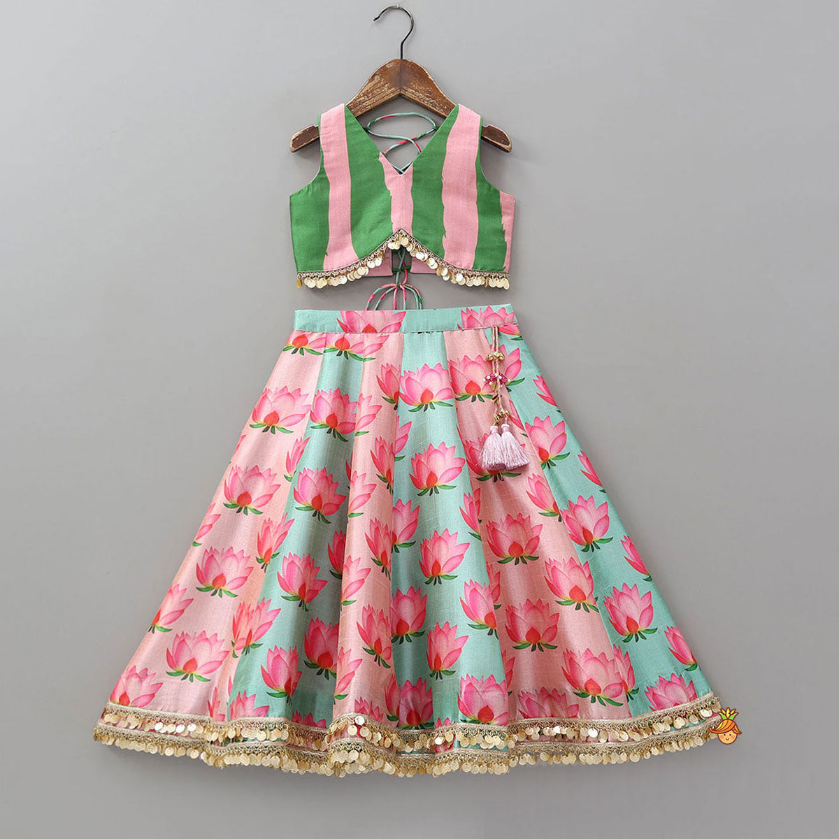 Pre Order: Criss Cross Knot Detail Crop Top And Floral Printed Lehenga With Dupatta