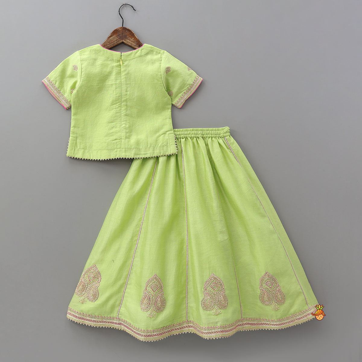 Pre Order: V Neck Booti Embroidered Elegant Top And Lehenga With Dual Tone Dupatta