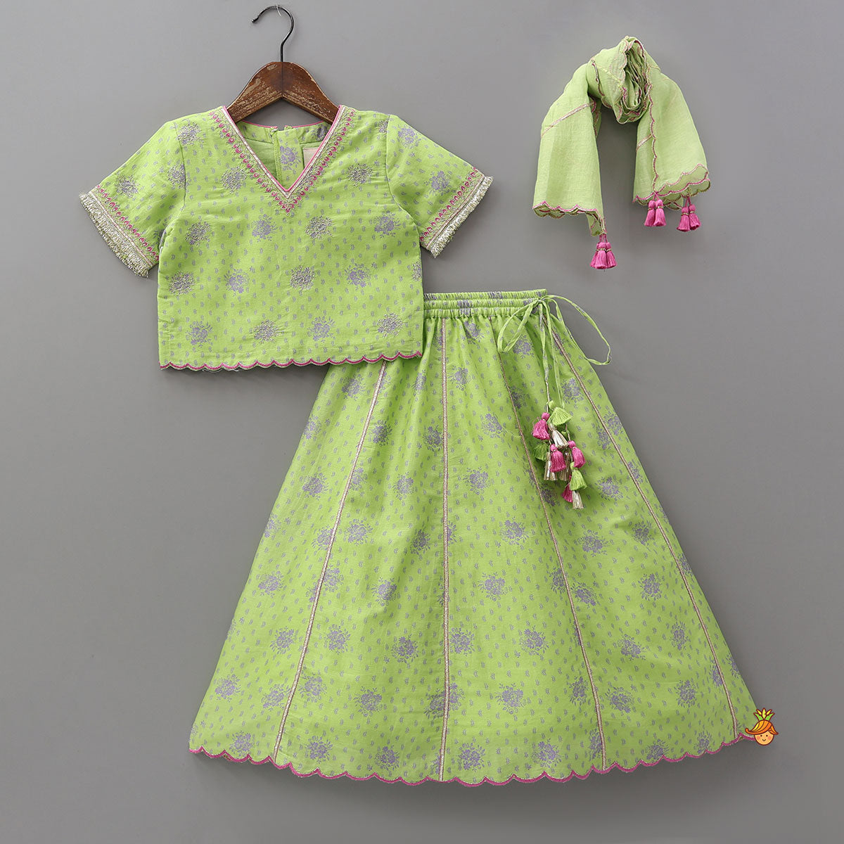 Pre Order: Printed Top And Lehenga With Scalloped Design Dupatta
