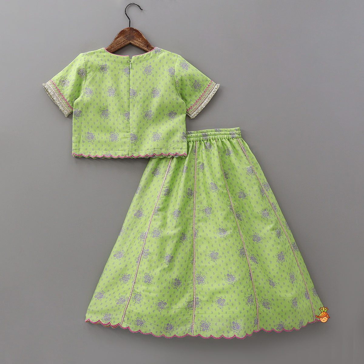 Pre Order: Printed Top And Lehenga With Scalloped Design Dupatta