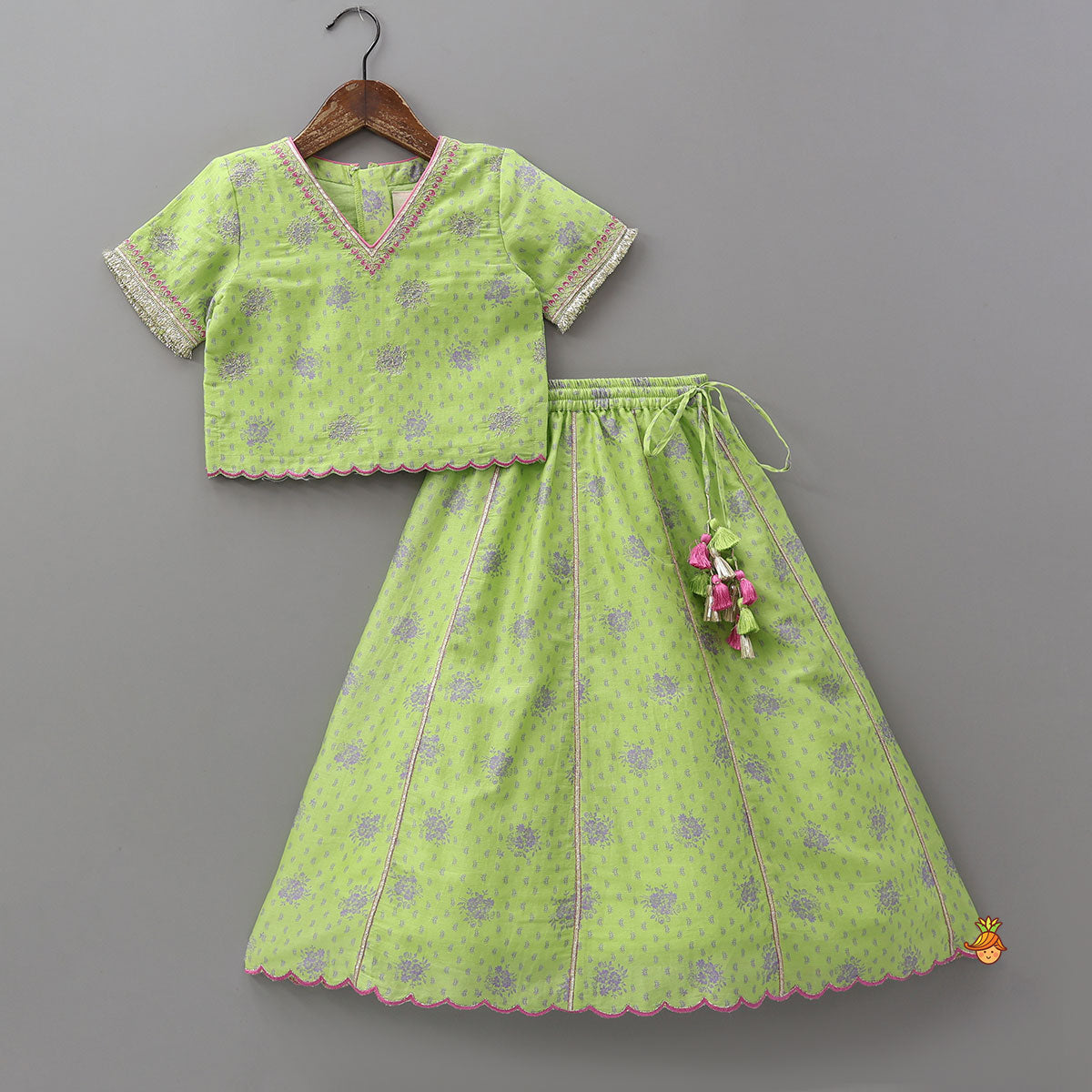 Pre Order: Printed Top And Lehenga With Scalloped Design Dupatta