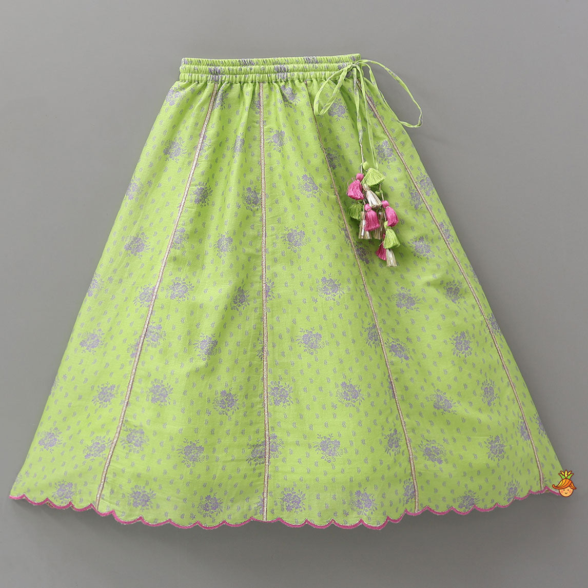 Pre Order: Printed Top And Lehenga With Scalloped Design Dupatta