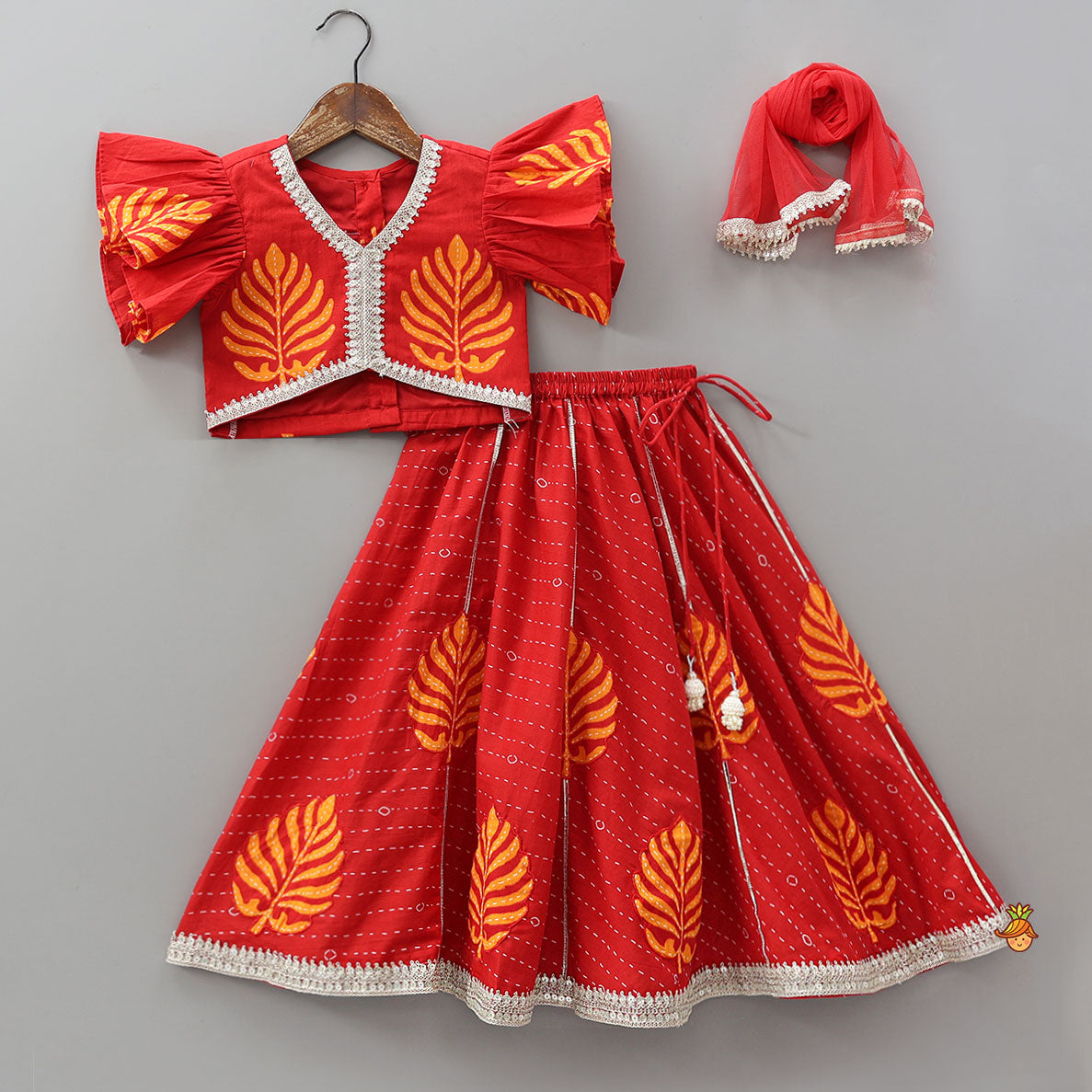 Pre Order: Ruffle Sleeve Printed Top And Lehenga With Dupatta