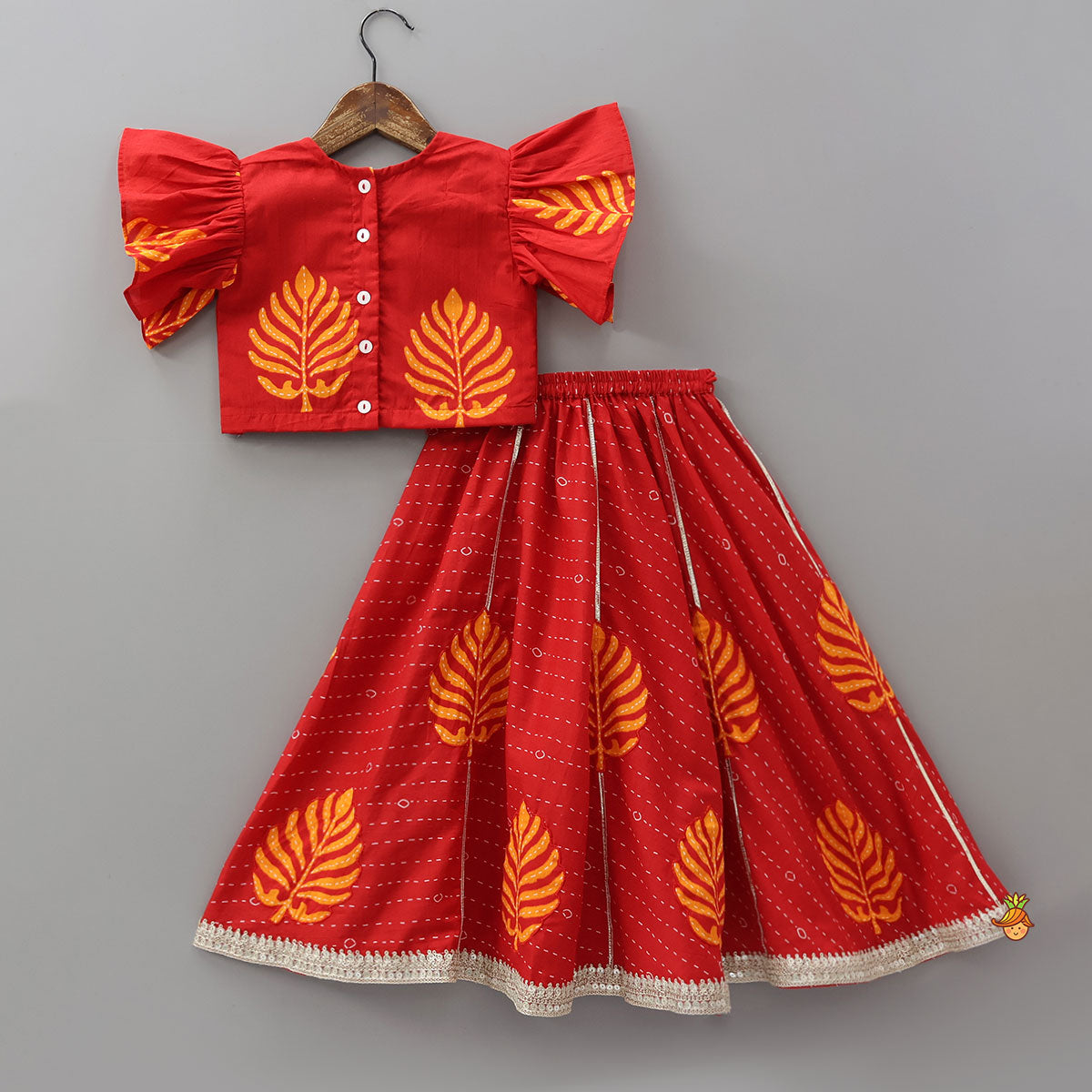 Pre Order: Ruffle Sleeve Printed Top And Lehenga With Dupatta