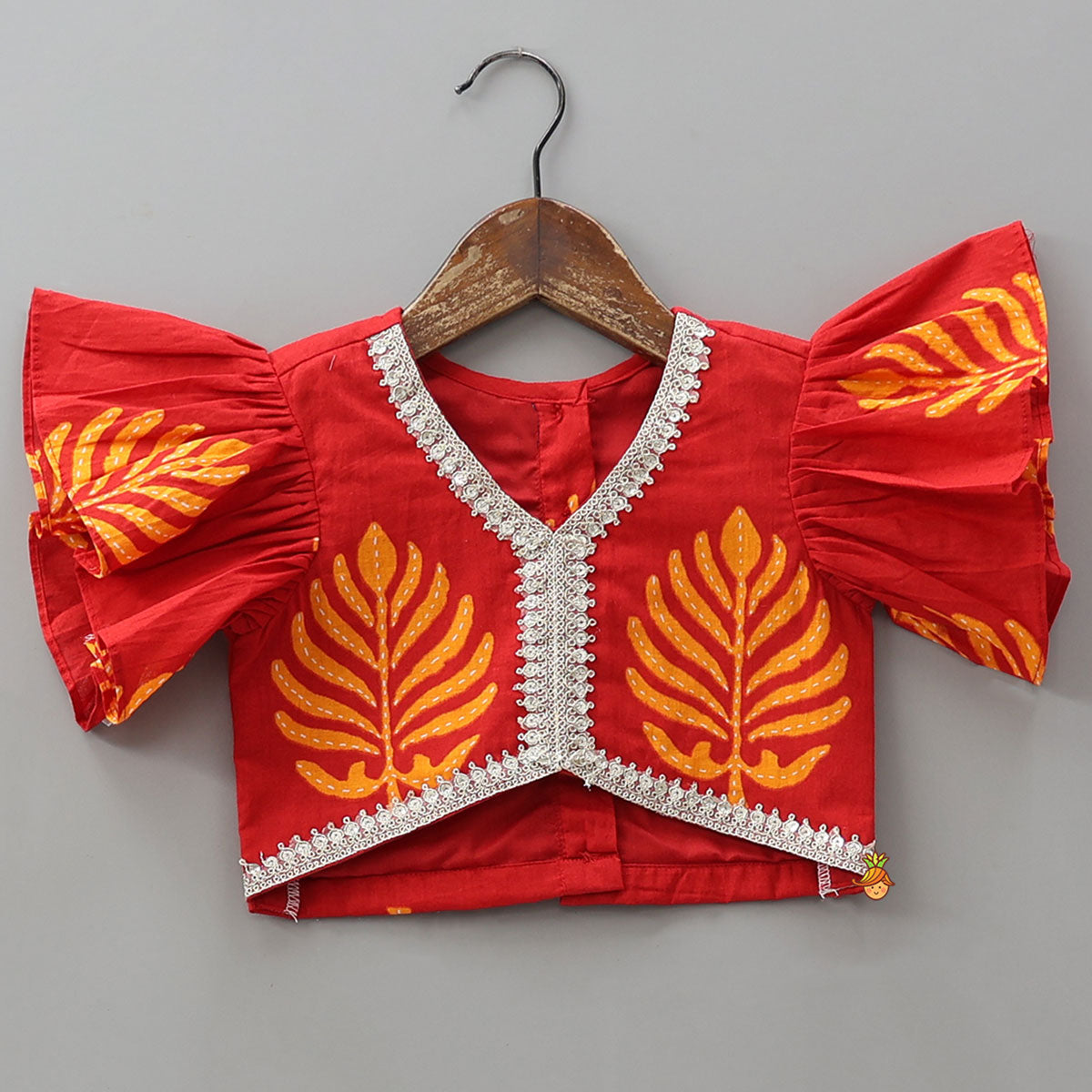Pre Order: Ruffle Sleeve Printed Top And Lehenga With Dupatta
