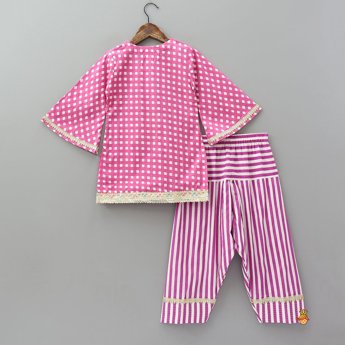 Pre Order: Checks Printed Bell Sleeve Kurti And Salwar With Dupatta