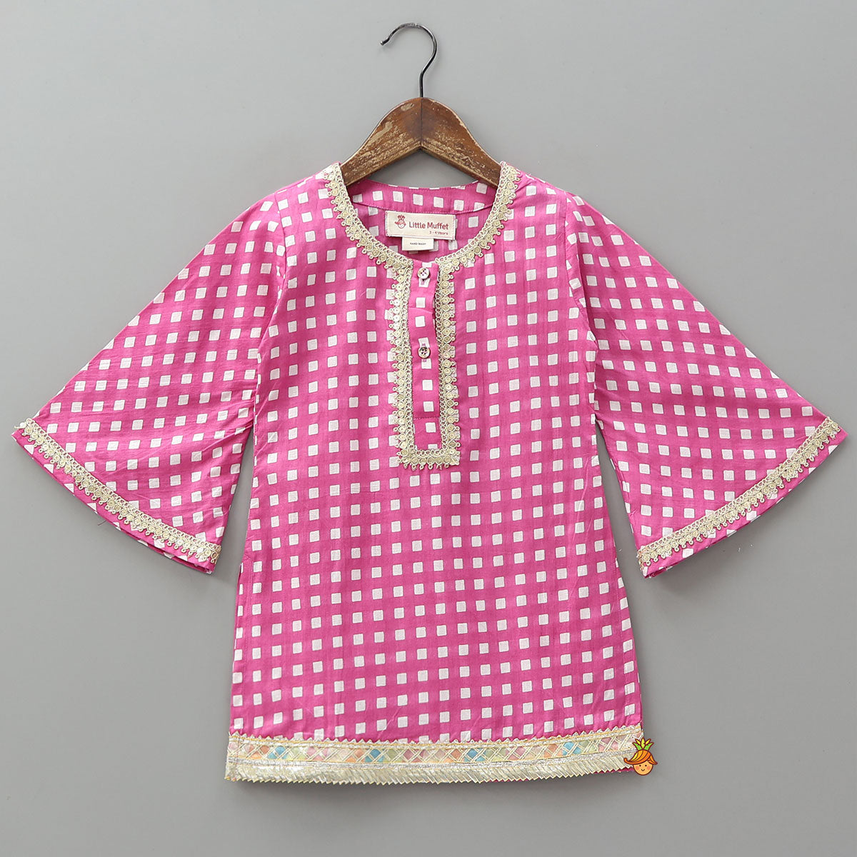 Pre Order: Checks Printed Bell Sleeve Kurti And Salwar With Dupatta