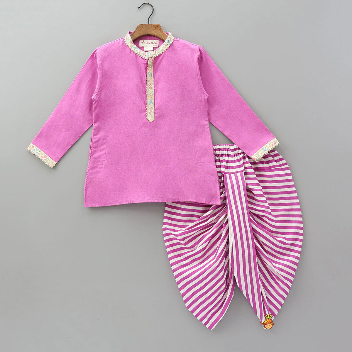 Pre Order: Colourful Lace Detail Kurta With Striped Dhoti