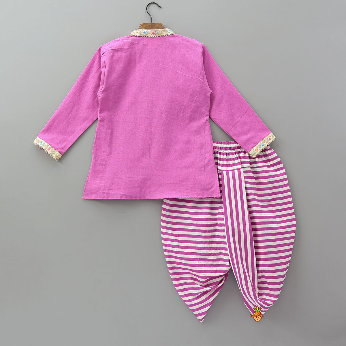 Pre Order: Colourful Lace Detail Kurta With Striped Dhoti