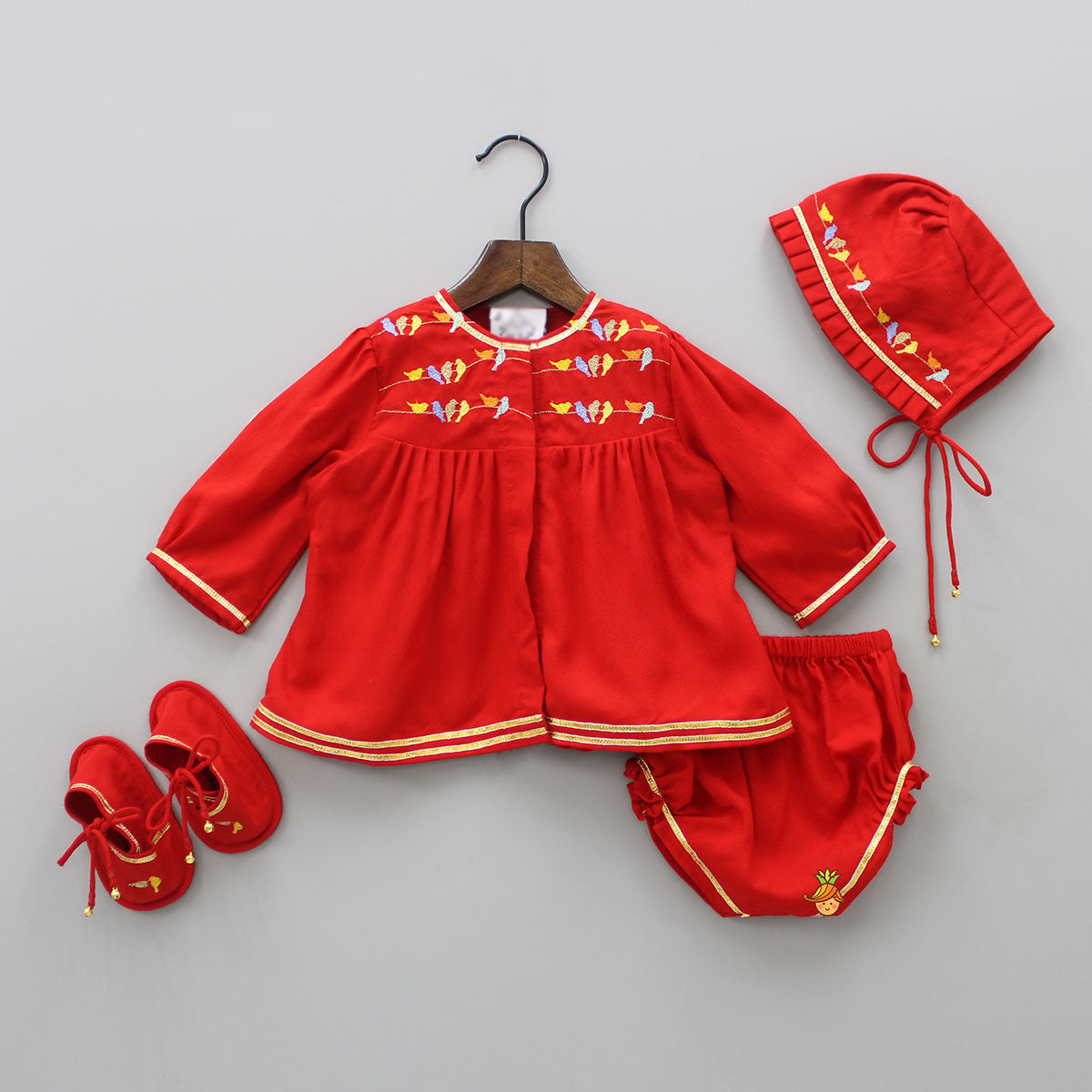 Pre Order: Multi Colour Bird Embroidered Jamna With Matching Cap And Booties