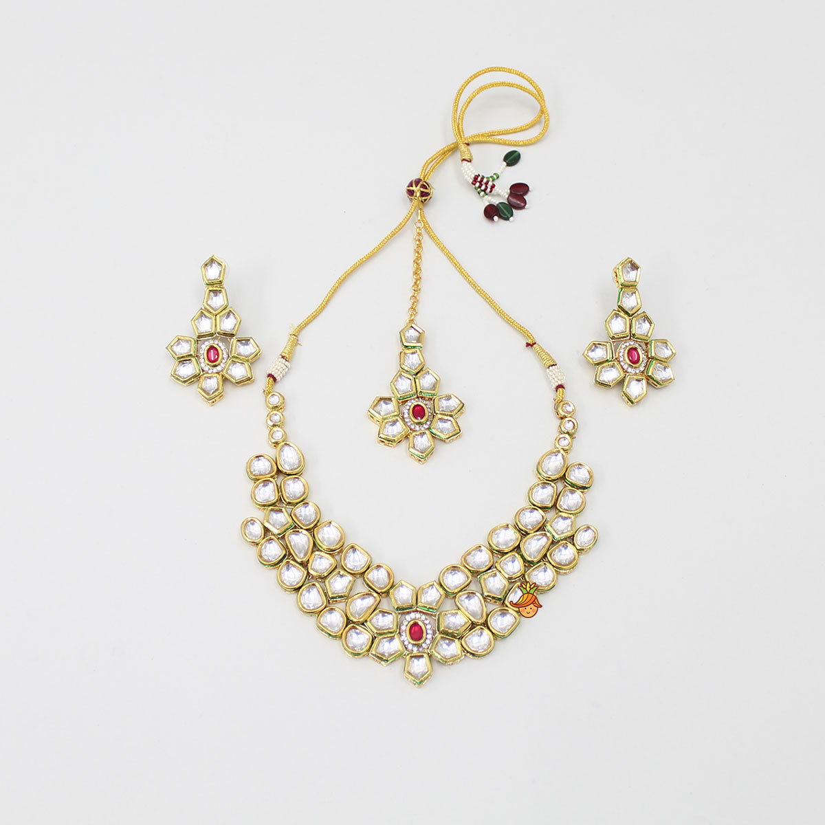 Elegant Pink And White Stone Studded Necklace With Earrings And Maang Tikka